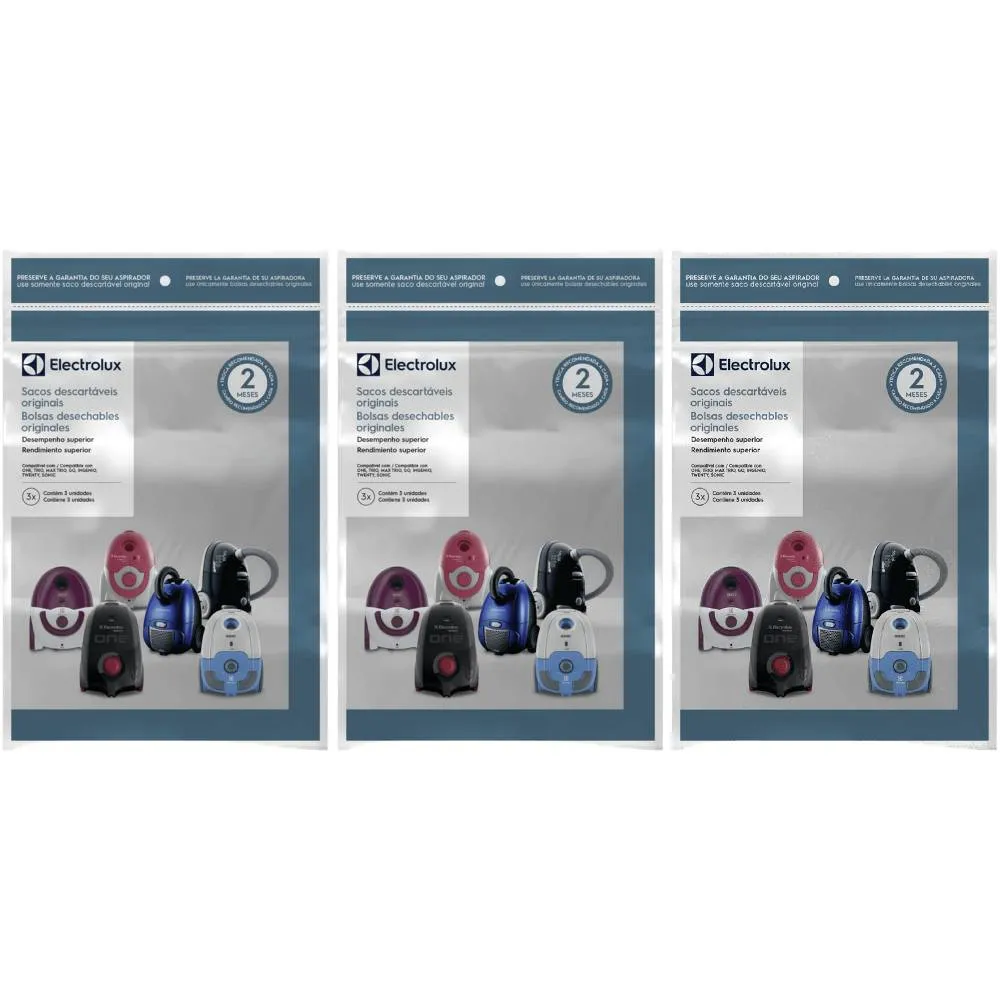 3 Kits 3 Sacos de aspirador de pó - Modelos: One, Trio, Max Trio, Go!, Ingenio, Twenty e Sonic (SBEON) Electrolux